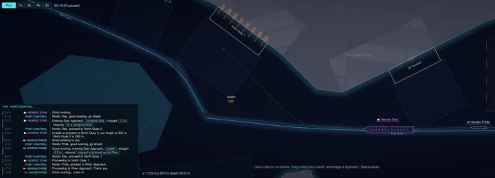 The prototype map at night: lit lanes, North Quay with its cranes, a container ship in the entry lane and the VHF log.