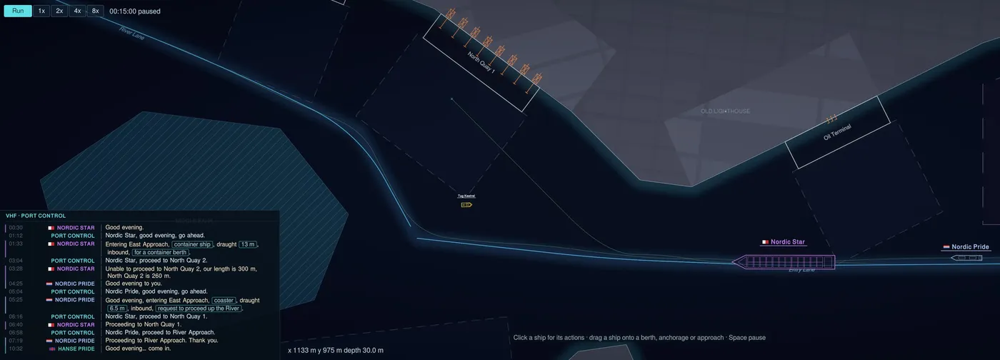 The prototype map at night: lit lanes, North Quay with its cranes, a container ship in the entry lane and the VHF log.